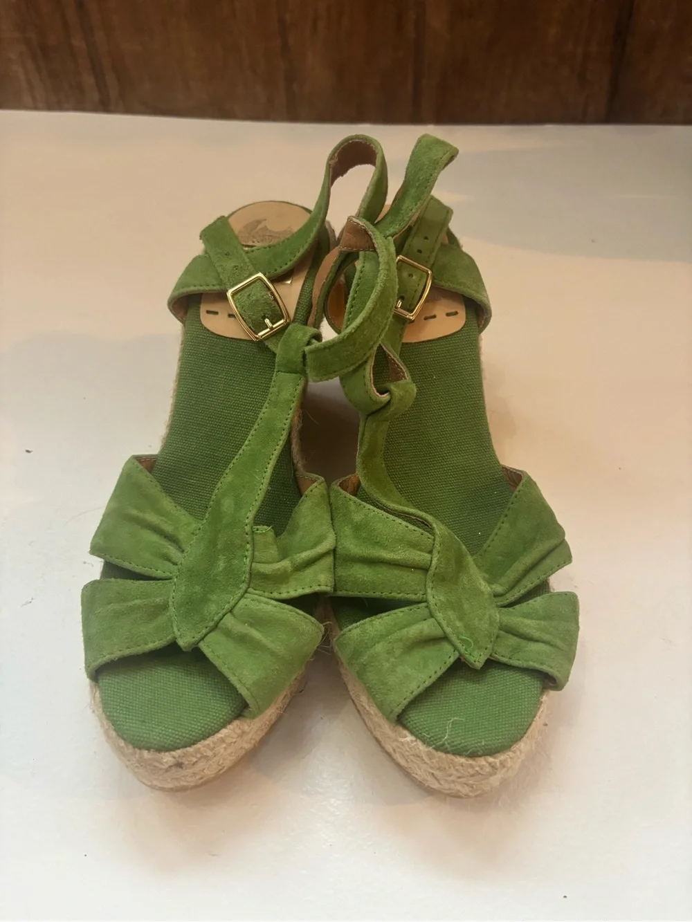 Kanna Anthropologie green suede wedge espadrille sandals 38